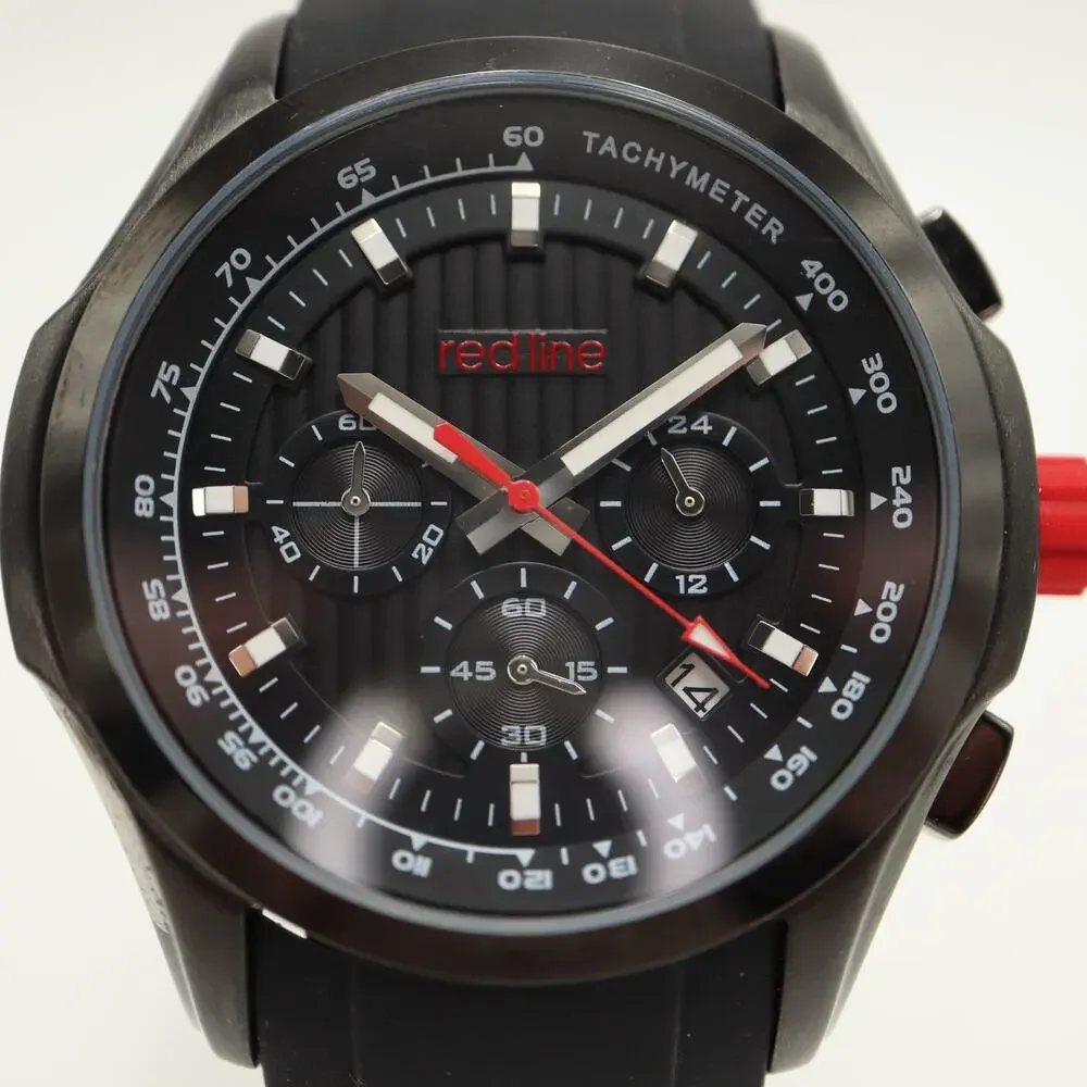 Redline Mens Chronograph Black Red Date 47mm Watch Silicone Strap w New Battery